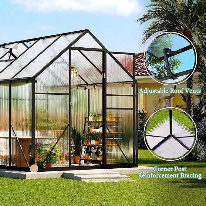 AMERLIFE 6x10x6.3 FT Outdoor Polycarbonate Greenhouse, Walk-in Aluminum Garden Structure with Dual Roof Vents & Swing Door, Heavy-Duty Black Greenhouse