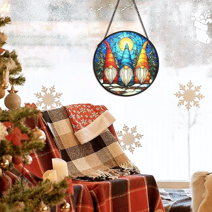 cvjutf Winter Gnome Suncatcher Stained Glass Window Hanging Decor, Xmas Gnomes Christmas Stained Glass Wall Decorations Gifts for Women, Holiday Garden Sun Catchers Indoor Window Wall Art, 7.9x7.9In