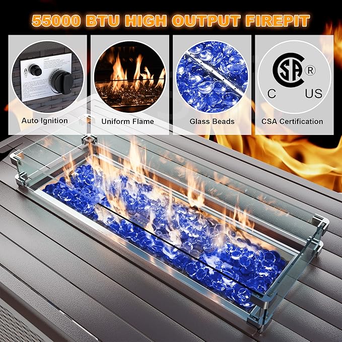 Kurapika 8 Pieces Patio Furniture Set, Rattan Wicker Outdoor Conversation Sets w/43in Propane Fire Pit Table and 4 Inch Cushion(Blue)
