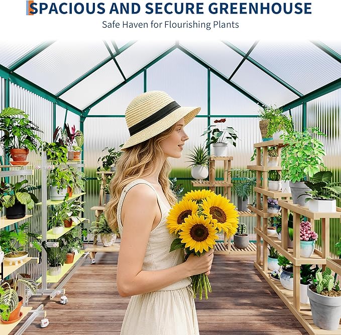 GarveeHome 6 x 6 FT Polycarbonate Greenhouse, Winter Greenhouses for Outdoors with Aluminum Frame, Sliding Door, Adjustable Roof Vent, Backyard Green Houses, Patio Garden, Green