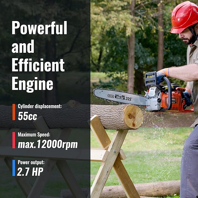 2.7 HP 55CC Gas Chainsaw Powered 20 Inch Chain Saws For Tree Trimming Wood Cutting Handheld Chain Saw Gas With Automatic Oiler Birthday Gift For Husband Man Dad