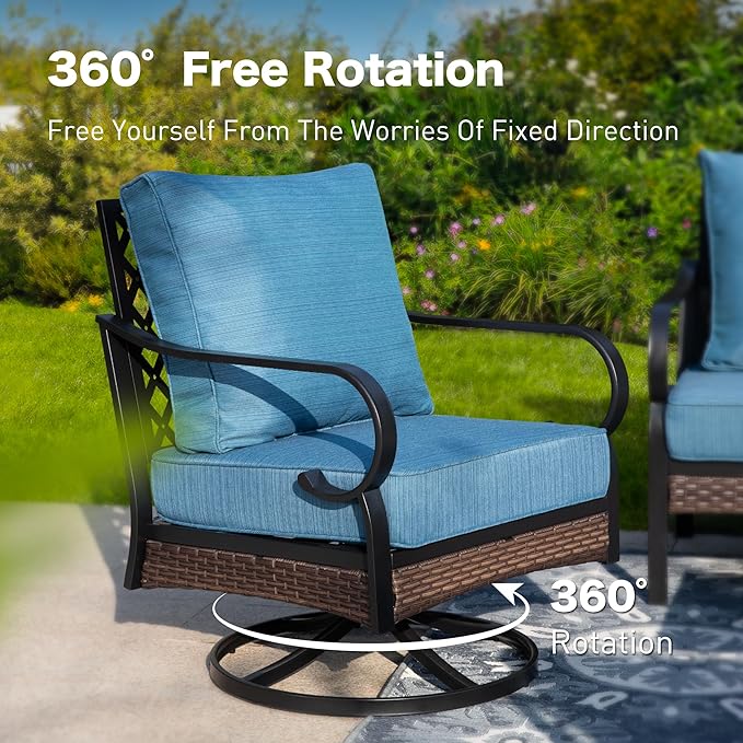SUNSHINE VALLEY 4 PCS Metal Outdoor Patio Furniture Set, Patio Conversation Sets 1 3-Seater Sofa, 2 Swivel Chairs with 5.75" Extra Thick Cushion & Coffee Table, Black Frame Backyard Furniture, Blue-2