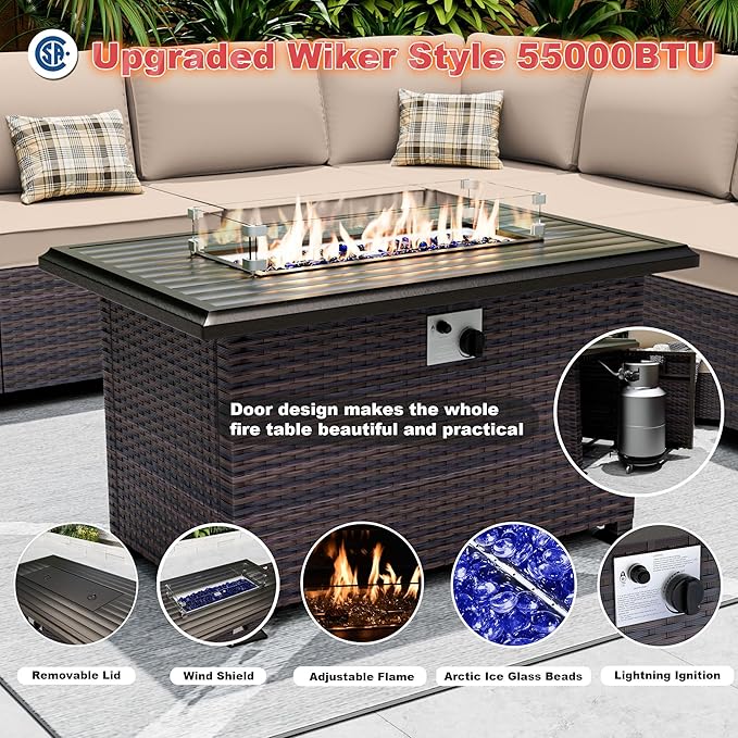 Outdoor Patio Furniture Set with Gas Fire Pit Table, 7 Pieces Patio Furniture Set Outdoor Sectional Sofa w/43in Propane Fire Pit, PE Wicker Rattan Patio Conversation Sets - Sand.