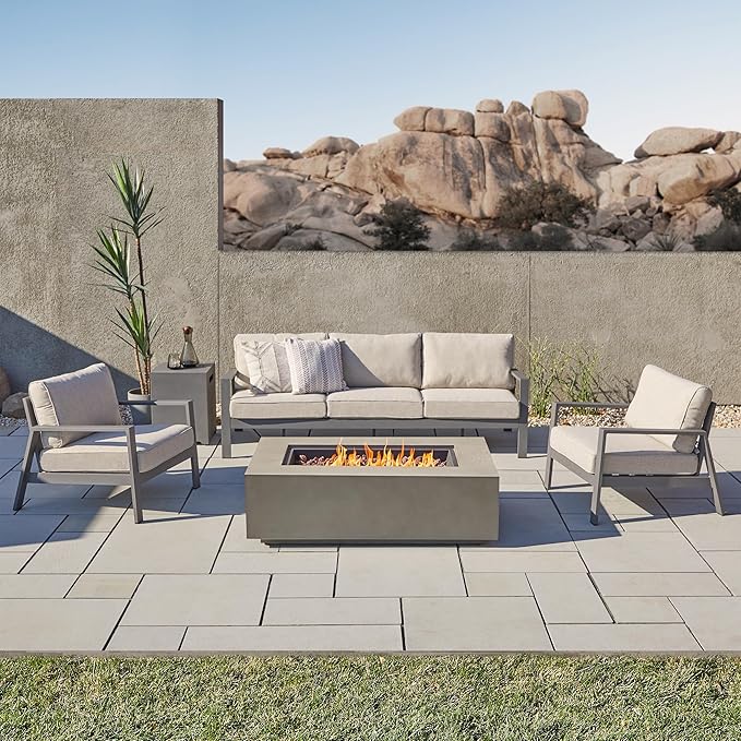 Real Flame Aegean 50in Rectangle Propane or Natural Gas Fire Pit Table, 50,000 BTU, Powder-Coated Steel, Push-Button Ignition, CSA Certified, Lava Rock, Storage Cover, Stainless Steel Burner with Lid