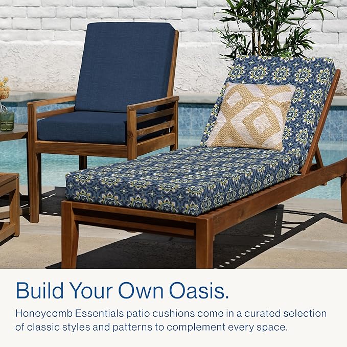 Honeycomb Outdoor Essentials Chaise Lounge, 21 x 70, Medina Medallion Blue Chair Cushion for Patio Furniture
