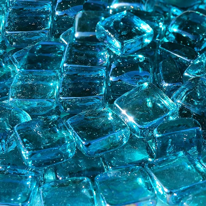 Reflective Fire Pit Glass Cubes - Professional Grade Fire Glass for Fire Pit - 1" Firepit Glass Rock - Glass Stones - Gas & Propane Fire Pit & Fireplace Glass (10 Pound, Aqua)