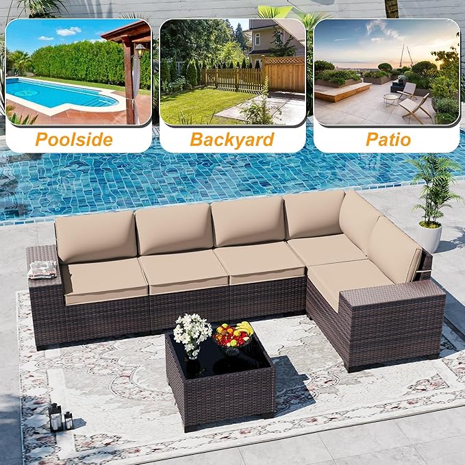 Outdoor Patio Furniture Set, 6 Pieces Outdoor Sectional Furniture High Backrest Patio Sofa, All-Weather PE Rattan Patio Conversation Set with Coffee Table & Cushions-Sand.