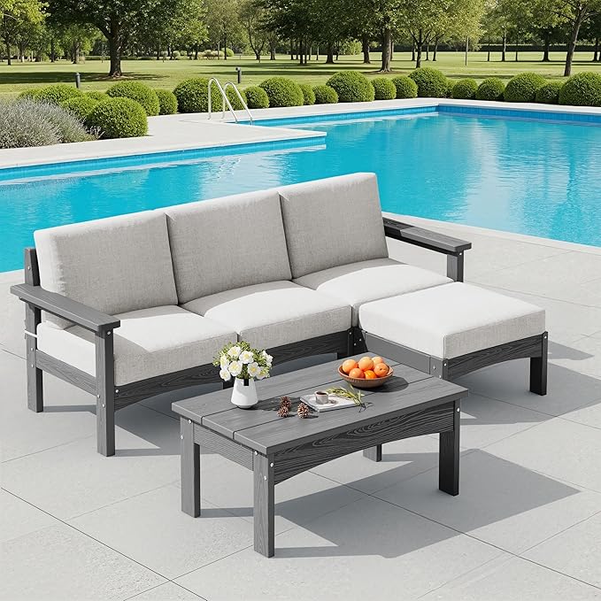 SERWALL 5-Piece Patio Sofas, All-Weather HDPE Outdoor Sectional Sofa with Cushions and Coffee Table, Large Modular Patio Conversation Set for Garden, Lawn, Deck, Porch, Grey Frame with Khaki Cushion