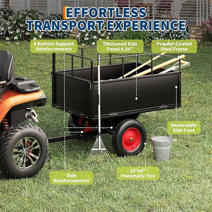 GarveeLife ATV Trailer Tow Behind Steel Dump Cart, 750 lbs 17 Cubic Feet Heavy Duty Yard Garden Utility Trailer Pull Behind with Removable Sides & All Terrain Tires for Lawn Mower, Tractor, Yard