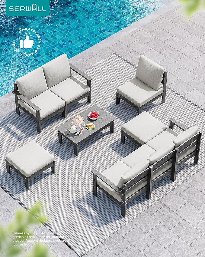 SERWALL Outdoor Coffee Table, HDPE All-Weather Patio Table, Patio Furniture Accent Table for Garden, Backyard, Balcony, Poolside, Grey