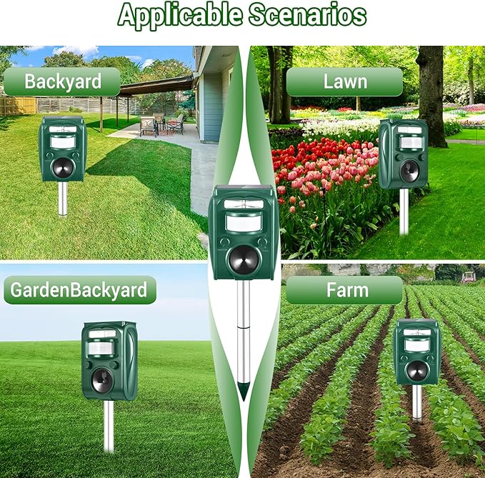 Solar Ultrasonic Animal Repellent Outdoor,Motion Detection & LED Flashing Strobes,Deer Repellent Devices Squirrel Cat Skunk Rabbit Raccoon Deterrent,Keep Critter Coyote Away Yard, Farm, Garden(Green)