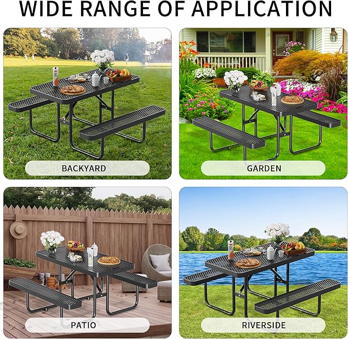 4FT Metal Picnic Table with Benches, Rectangular Lifetime Picnic Table with Umbrella Hole, Outdoor Furniture Heavy Duty Sturdy Commercial Picnic Tables for Patio Garden Courtyard BBQ Shopping Centers