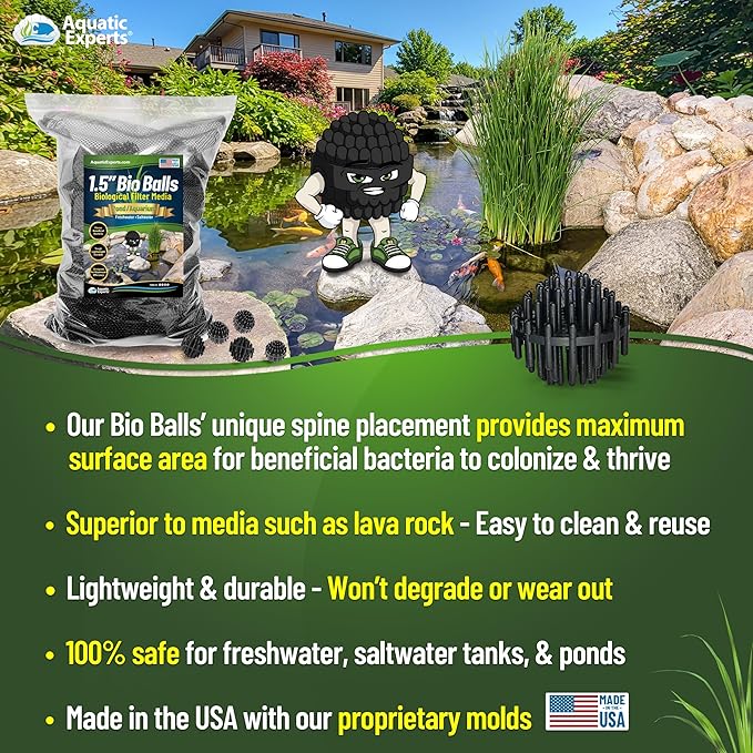 Aquatic Experts Bio Balls Filter Media Bulk, 1.5 Inch Large Bio Balls for Pond & Aquarium Filters, Pond Filter Media for Outdoor Ponds, (100 Count with 10" x 12" Mesh Bag, 1.5 Inch)
