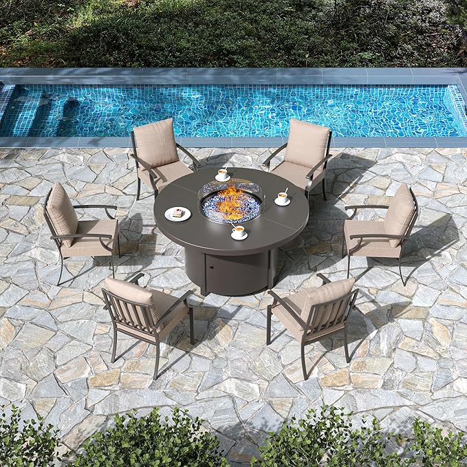 7 Pieces Patio Furniture Set with Round Fire Pit Table, Outdoor Conversation Sets 6 Chairs with Upgrade Cushions for Patio, Backyard Brown