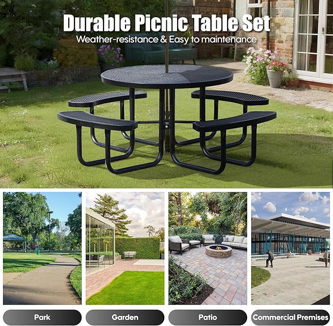 8-Person Outdoor Picnic Tables,46" Heavy-Duty Metal Round Picnic Table,Expanded Metal Commercial-Grade Table with 4 Benches & Umbrella Hole,Waterproof Coating Beach Table for Patio,Garden, Backyard