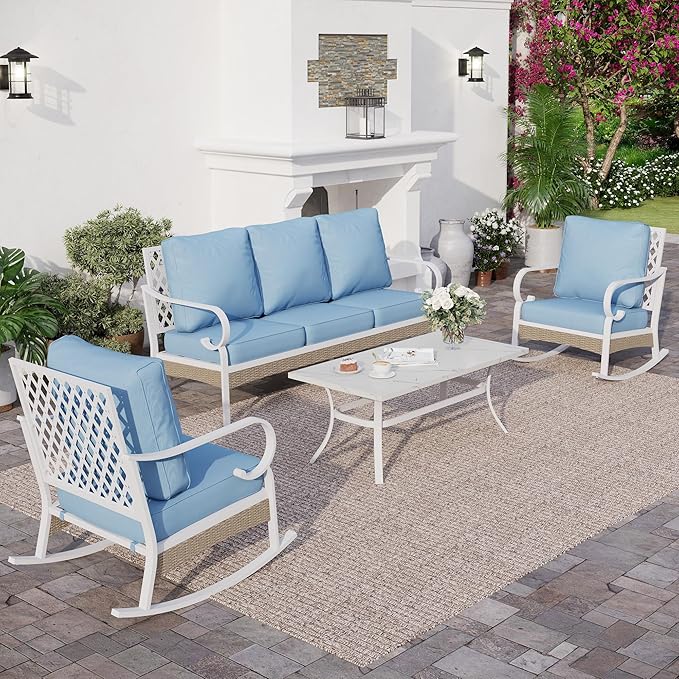 SUNSHINE VALLEY 4 PCS Metal Outdoor Patio Furniture Set, Patio Conversation Sets 1 3-seater Sofa, 2 Rocking Chairs with 5.75" Extra Thick Cushion and Coffee Table, White Frame Backyard Furniture, Blue