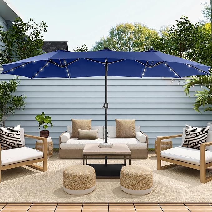 Sophia & William 15 ft Extra Large Patio Umbrella with Solar Lights, Rectangular Outdoor Umbrella with Base Included, Market Umbrella Double-sided Heavy Duty for Pool Garden Backyard, Haze Blue