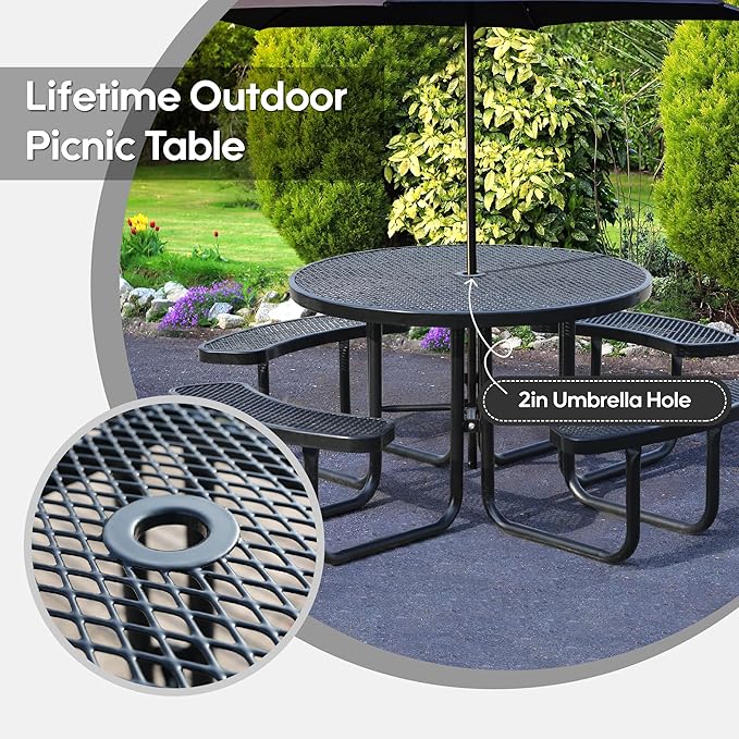 Sunnibety 8-Person Picnic Tables for Outdoors, Industrial 46" Expanded Metal Round Picnic Table with 4 Benches & Umbrella Hole, Outside Table and Bench Set for Park, Garden, Backyard, Patio, Black