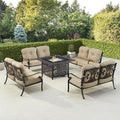 Oakland Living Black Aluminum Patio Fire Table Set with Four Deep Seating Loveseat, Cushions and Wind Blocker