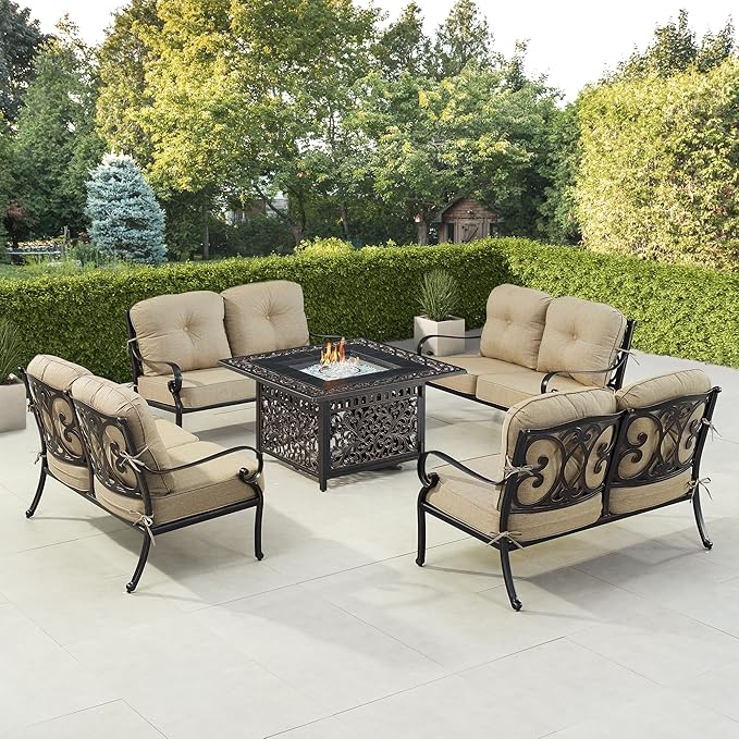 Oakland Living Black Aluminum Patio Fire Table Set with Four Deep Seating Loveseat, Cushions and Wind Blocker