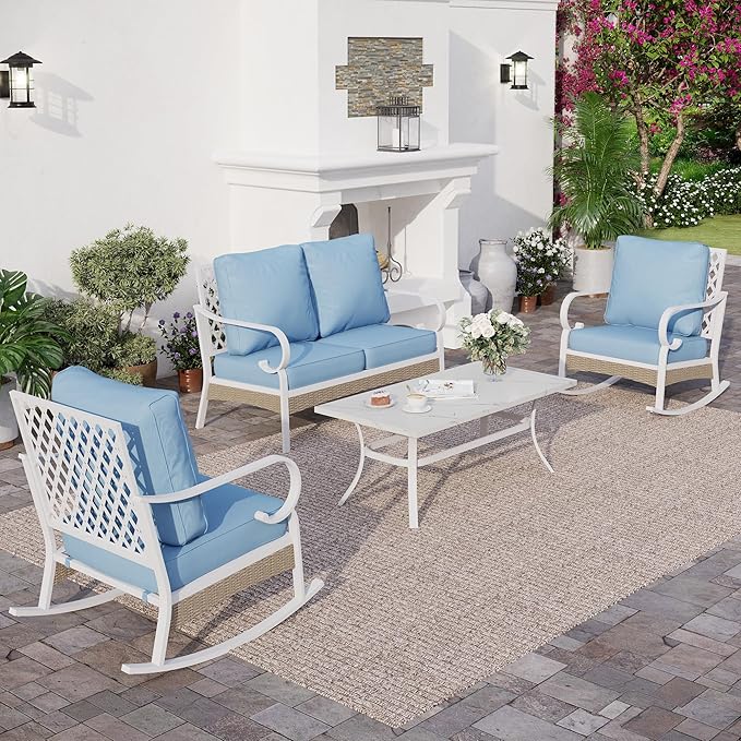 SUNSHINE VALLEY 4 Piece Metal Outdoor Patio Furniture Sets, Patio Conversation Sets 1 2-seater Sofa, 2 Single Sofa with 5.75" Extra Thick Cushion and Coffee Table, White Frame Backyard Furniture, Blue