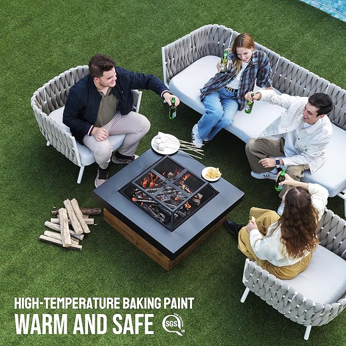 36" Firepits for Outside，Wood Burning Fire Pit with Wood-Grain Side Panels,Firepit for Outside with Mesh Cover & Fire Poker,Square Modern Outdoor Fireplace Fire Table.