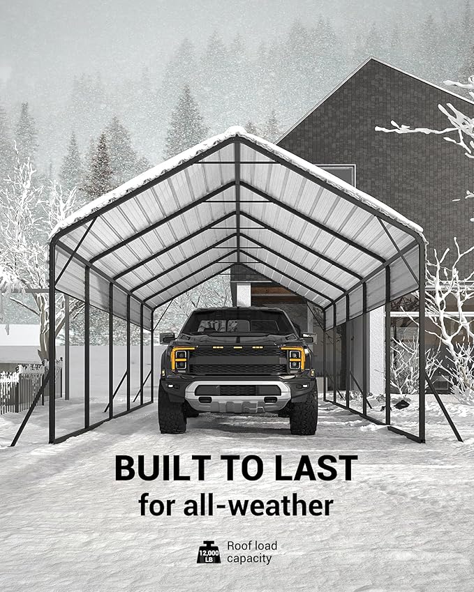 GarveeLife 13 ft x26 ft x11 ft Oversized Metal Carport, Steel Heavy Duty Car Ports for All-Weather, Tall Carport for Full-Size Pickup Trucks, Boats, and Tractors, N.W. 780 LBS