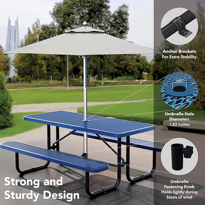 Commercial Heavy-Duty Metal Picnic Table - ADA Compliant, Adjustable Seats, Umbrella Hole, Expanded Metal (Blue, 6' Rectangular)