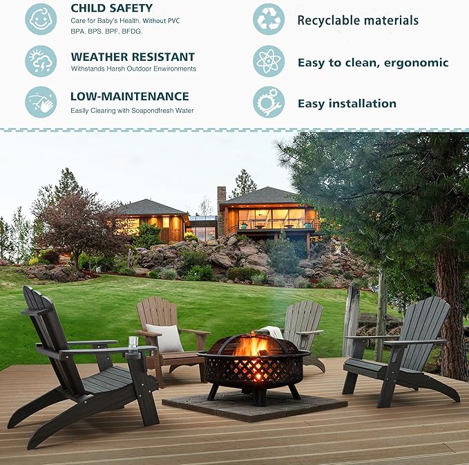 Psilvam Oversized Adirondack Chair, Fade-Resistant & Odor-Free Poly Lumber Fire Pit Chairs with Cup Holder, Weatherproof Outdoor Chair, Easy 15 Min Install Patio Chair, 350 Lbs Support (1, Gray)