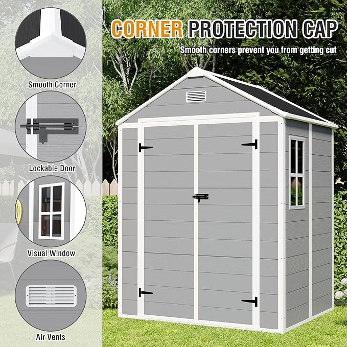 Outdoor Storage Shed 6x5 FT, Resin Shed with Floor & Window, Lockable Door, Vents, Outside Sheds & Garden Shed for Patio Furniture, Gardening Tools, Pool Equipment (Grey, 6 * 5ft)