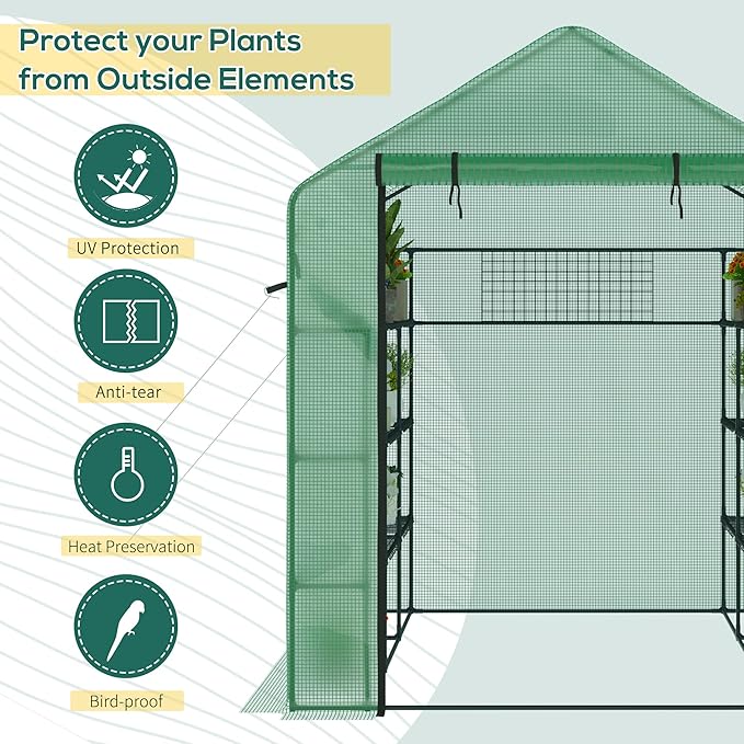Outsunny 8' x 6' x 7' Walk-in Greenhouse, PE Cover, 4-Tier Shelves, Steel Frame Hot House, Roll-Up Zipper Door for Flowers, Vegetables, Saplings, Tropical Plants, Green