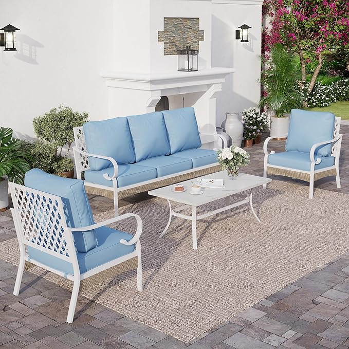 SUNSHINE VALLEY 4 Piece Metal Outdoor Patio Furniture Sets, Patio Conversation Sets 1 3-seater Sofa, 2 Single Sofa with 5.75" Extra Thick Cushion and Coffee Table, White Frame Backyard Furniture, Blue