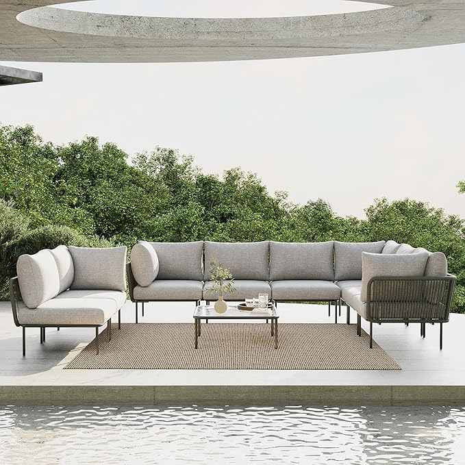 9 Piece Modern Outdoor Rope Wicker Sectional Patio L-Shaped Conversation Sofa Set Deep Seating with Thick Cushions