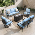 PHI VILLA Patio Furniture Set with Fire Pit Table,1x 3-Seat Wide Deep Seating Bench Sofa, 2 Swivel Sofa Chair, 2 x Leg Chairs,1 Fire Pit Table,Outdoor Conversation Set for 7,Light Blue