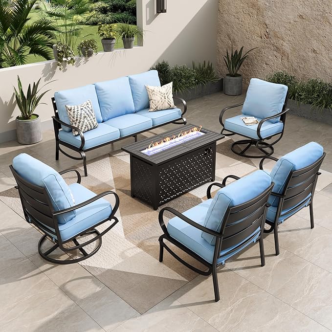 PHI VILLA Patio Furniture Set with Fire Pit Table,1x 3-Seat Wide Deep Seating Bench Sofa, 2 Swivel Sofa Chair, 2 x Leg Chairs,1 Fire Pit Table,Outdoor Conversation Set for 7,Light Blue