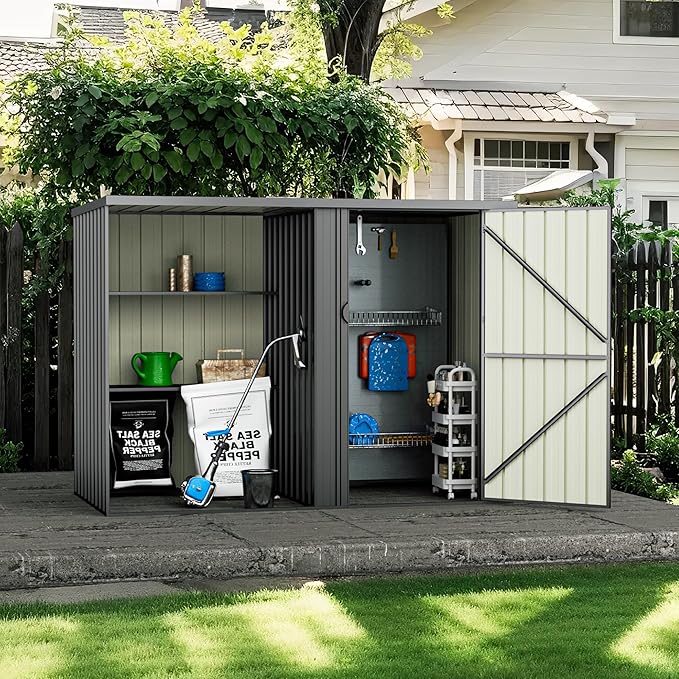 2 in 1 Metal Outdoor Storage Shed with Firewood Rack, 8×4 FT Lockable Waterproof Garden Tool Shed with Shelves, Open & Enclosed Dual-Storage Backyard Patio Shed with Sloped Roof (No Floor)