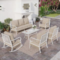 SUNSHINE VALLEY 6 PCS Metal Outdoor Patio Furniture Set, Patio Conversation Set 1 3-Seater Couch, 2 Fixed Sofa, 2 Rocking Sofa with 5.75" Thick Cushion and Coffee Table White Backyard Furniture, Beige