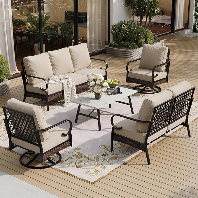 SUNSHINE VALLEY 5 Piece Metal Outdoor Patio Furniture Set, Patio Conversation Sets 3-Seater Sofa, 2-Seater Sofa, 2 Swivel Chair with 5.75" Thick Cushion & Coffee Table Black Backyard Furniture, Beige