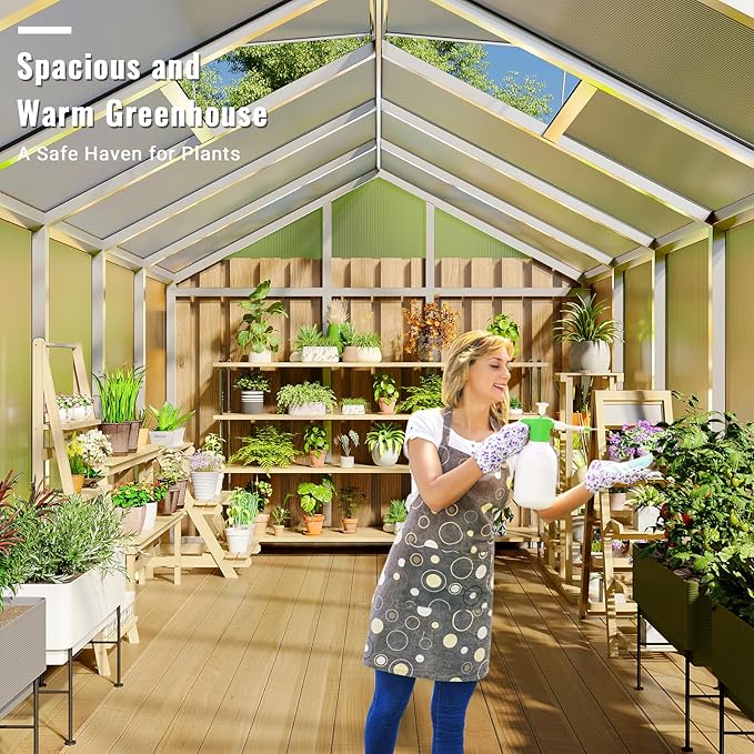 Greenhouse, 8x12 ft Greenhouse for Outdoors, Walk-in Green House with Ground Nails and Vent Windows, Sliding Lockable Door, Polycarbonate Green House for Outside Garden Backyard, Quick Setup, Silver