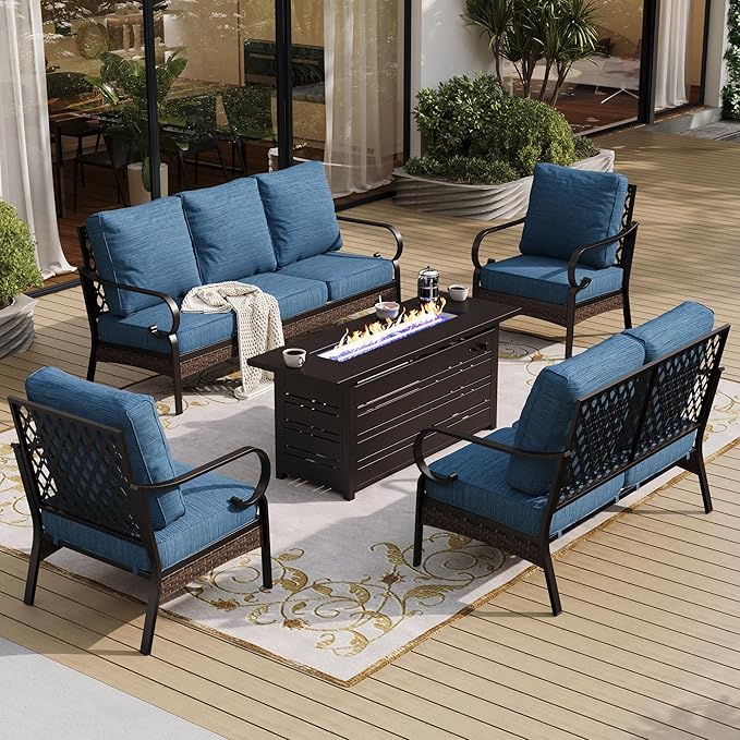 SUNSHINE VALLEY 5 Piece Black Metal Outdoor Patio Furniture Set with Firepit Table, Patio Conversation Sets 1 3-Seater Sofa, 1 Loveseat, 2 Single Sofa with 5.75" Cushion for Backyard Deck, Blue-2