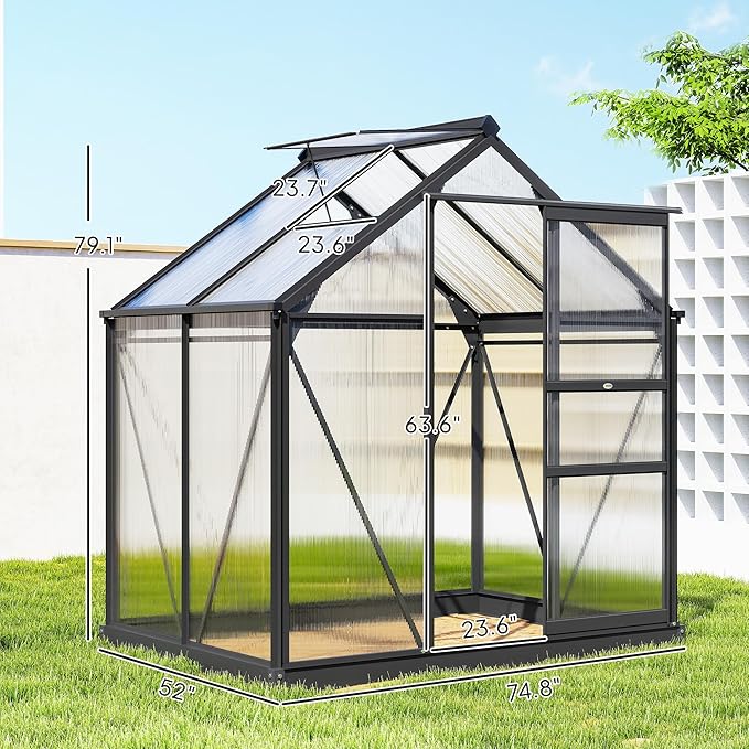 Outsunny 6' x 4' Greenhouse for Outdoors, Polycarbonate Greenhouse with Rain Gutter and Roof Vent, Aluminum Walk-in Green Houses for Outside for Patio Backyard Garden, Gray