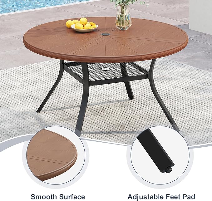 VICLLAX Round Patio Dining Table, 4-6 Person Aluminum Outdoor Dining Table with Umbrella Hole and Storage Shelf for Garden Lawn Deck, 47.2" Walnut