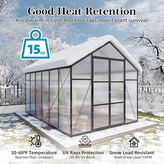 KEIKI Aluminum 8x12 FT Walk-in Polycarbonate Greenhouse, Outdoor Gardening Greenhouse with Raised Base, Roof Vent & Weather-Resistant Panels, Black