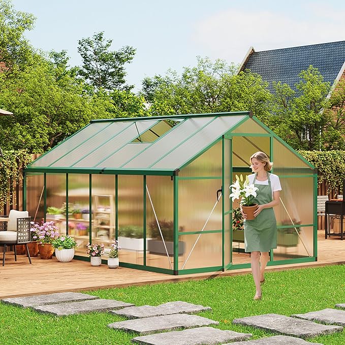 8 x 12 ft Greenhouse, Greenhouses for Outside, Polycarbonate Greenhouse with Aluminum Frame, Lockable Door and Ajustable Roof Vent for Backyard, Green Houses for Outside Garden Backyard, Patio
