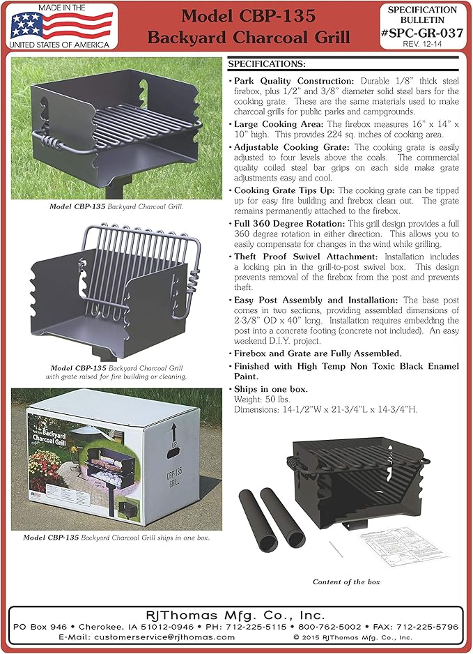 Pilot Rock CBP-135 Charcoal Grill, Park Style Outdoor BBQ Camping Grill with Swivel
