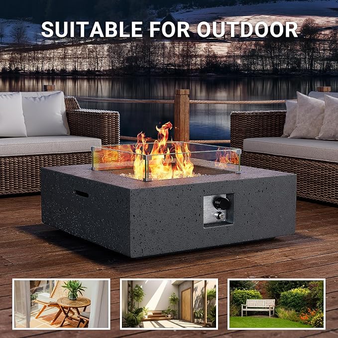 SUNBURY Outdoor Travertine Fire Pit Table, Propane Burning FirePit, 35 inch Square Patio Fire Table 50,000 BTU Fire Pit for Outside with Waterproof Cover, Light Gray