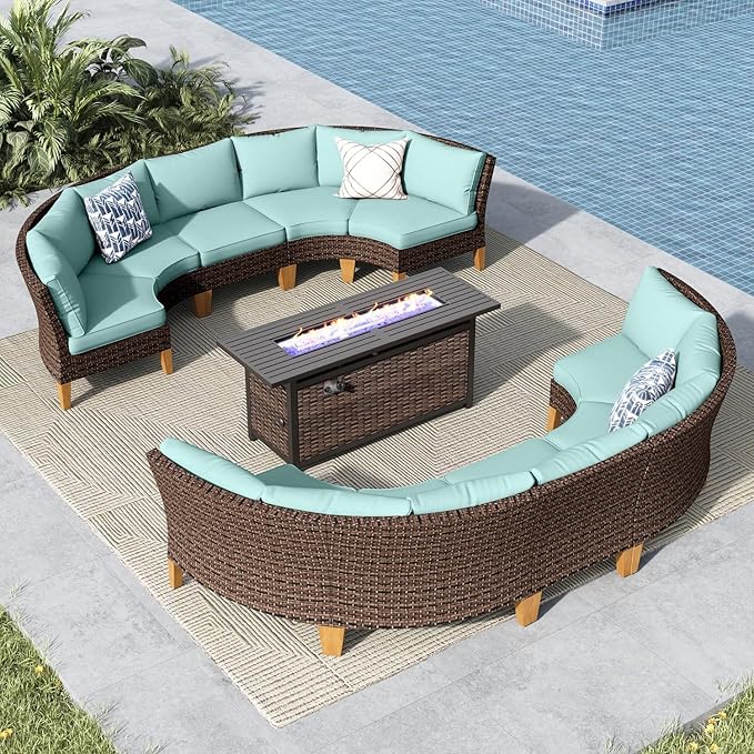 MFSTUDIO 11 Pieces Extra Large Wicker Patio Furniture Set, Rattan Outdoor Half-Moon Sectional Sofa Patio Conversation Sets with 56" Fire Pit Table, 8 x Curved Sofa, 2 x Armless Chair(Aqua Blue)