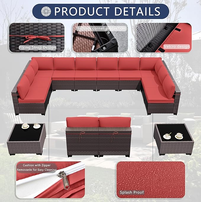 Outdoor Patio Furniture Set, 14 Pieces Outdoor Sectional Furniture Patio Sofa, All-Weather PE Rattan Patio Conversation Set with Tempered Glass Top Table & Cushions(Red),