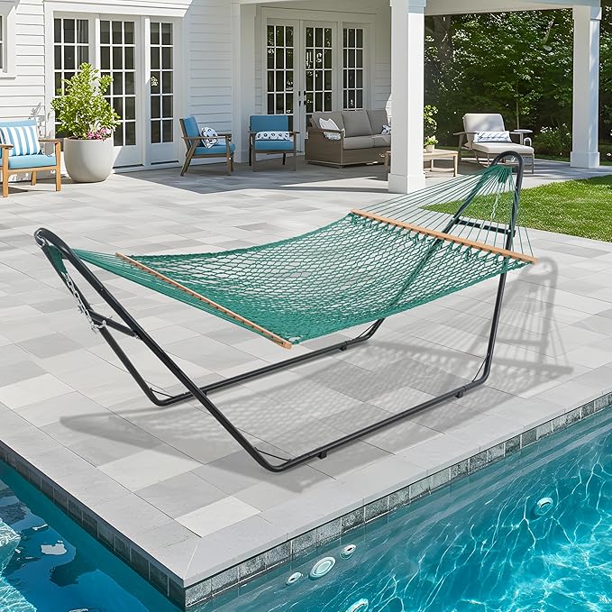 Lazy Daze Hammocks 12FT Double Rope Hammocks, 2 Person Hand Woven Cotton Hammock with Spreader Bar for Outside, Patio, Poolside, FIT 13-15 Foot Stand, Max 450 Lbs, Green, 141 x 57 inches