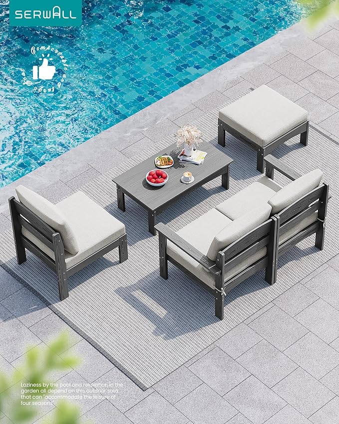 SERWALL 3 Pieces Patio Sofas, All-Weather Outdoor Couch Sectional Set, Patio Conversation Set with Cushions and Coffee Table for Balcony, Garden, Backyard, Poolside, Grey Frame with Khaki Cushion